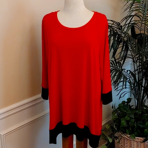 Calvin Klein 1x Colorblock 3/4 Sleeve Handkerchief Hem Plus Tunic Top Red/Black